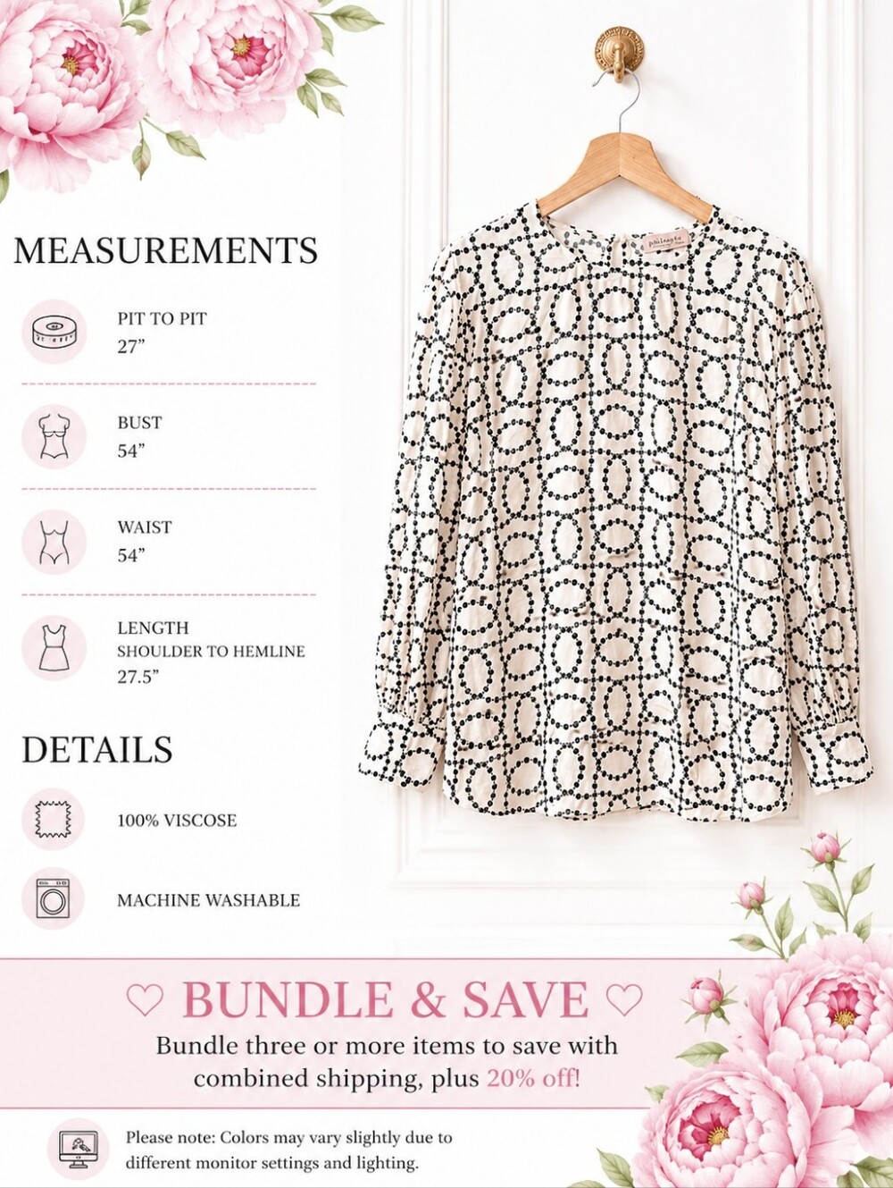 Philosophy Blouse | Size 3X | Ivory Black Geometric Print Long Sleeve Top - Picture 8 of 11
